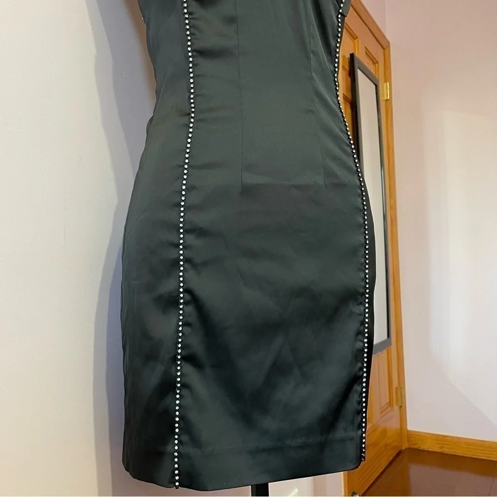 For Love and Lemon- Black Satin Sleeveless Mini Dress with Rhinestones Size S